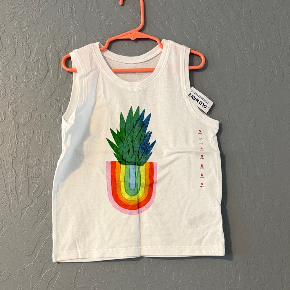 Old Navy Kids' White Tank Top with Rainbow and Green Plant Design